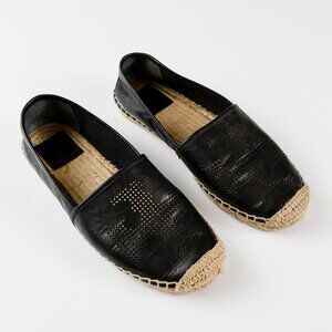 Tory Burch Black Leather Perforated Logo Espadrilles